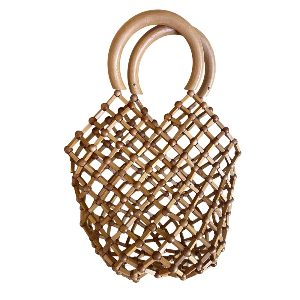 Cult Gaia Emmie Net Tote Bag Natural Bamboo Beaded Lattice Summer Handbag